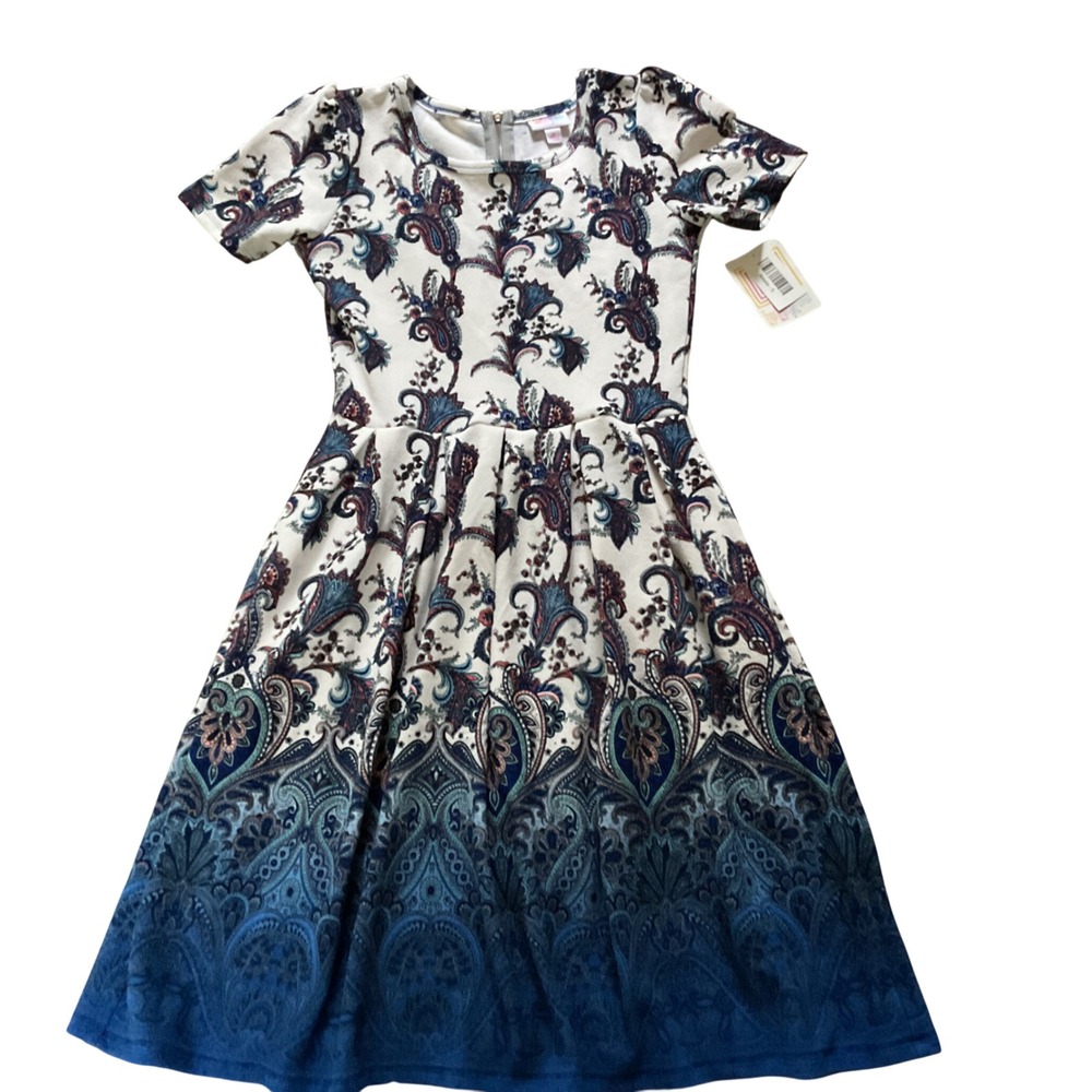 LuLaRoe Amelia Dress Womens Small Blue White Paisley Ombre Pleated Pocket NWT